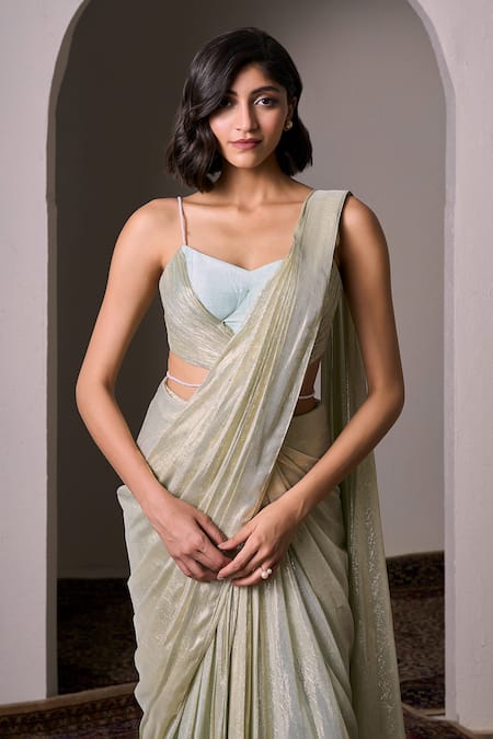 Buy_Parshya_Green Chiffon, Silk, Lurex Pearls Pre-draped Saree With Hand Embellished Blouse _Online_at_Aza_Fashions