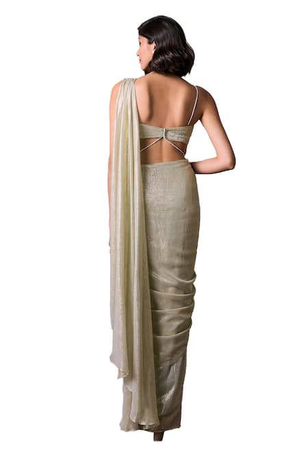 Shop_Parshya_Green Chiffon, Silk, Lurex Pearls Pre-draped Saree With Hand Embellished Blouse _Online_at_Aza_Fashions