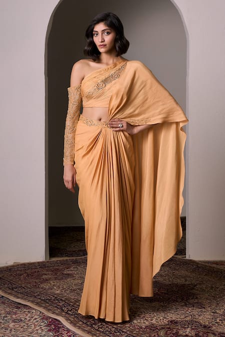 Parshya Yellow Shimmer Satin Hand Embellished Alphonso Pre-draped Saree With Blouse 