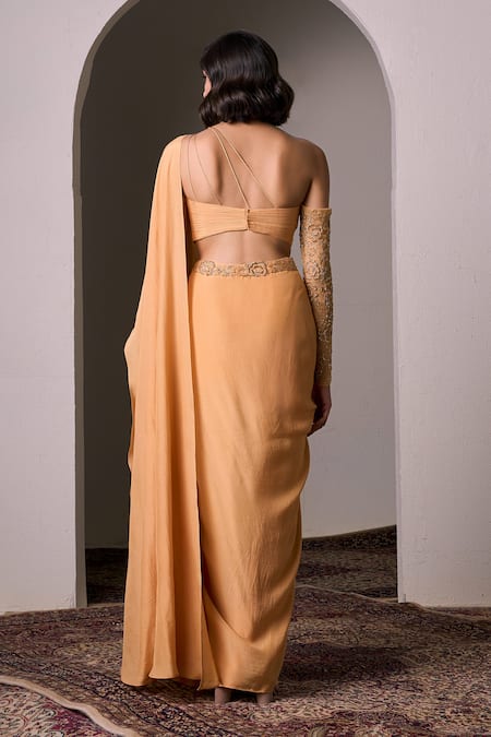 Shop_Parshya_Yellow , Satin Alphonso Hand Embellished Pre-draped Saree With Blouse _at_Aza_Fashions
