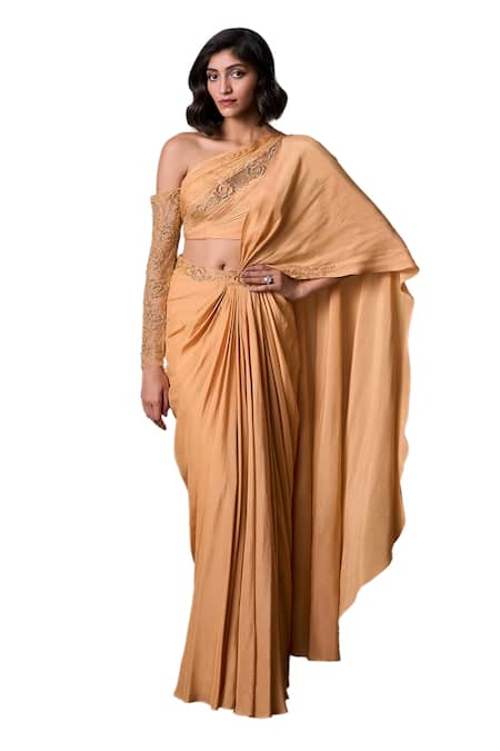 Parshya_Yellow , Satin Alphonso Hand Embellished Pre-draped Saree With Blouse _Online_at_Aza_Fashions