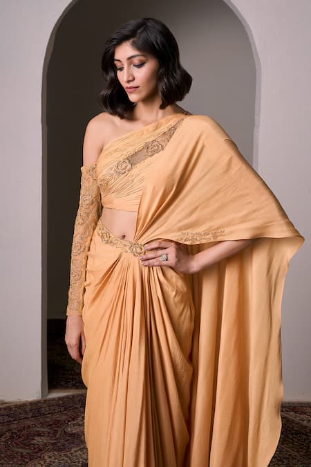 Buy_Parshya_Yellow , Satin Alphonso Hand Embellished Pre-draped Saree With Blouse _Online_at_Aza_Fashions