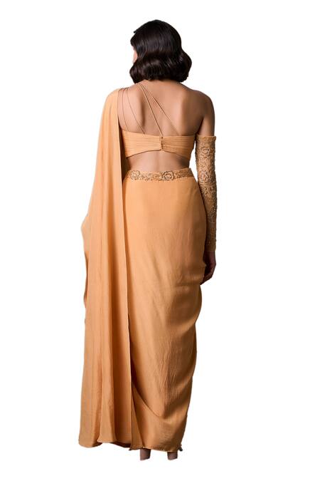 Shop_Parshya_Yellow , Satin Alphonso Hand Embellished Pre-draped Saree With Blouse _Online_at_Aza_Fashions