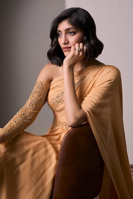 Parshya_Yellow , Satin Alphonso Hand Embellished Pre-draped Saree With Blouse _at_Aza_Fashions