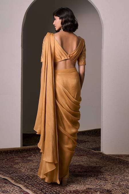 Shop_Parshya_Yellow Silk, Tissue Alphonso Border Embellished Pre-draped Saree With Blouse _at_Aza_Fashions