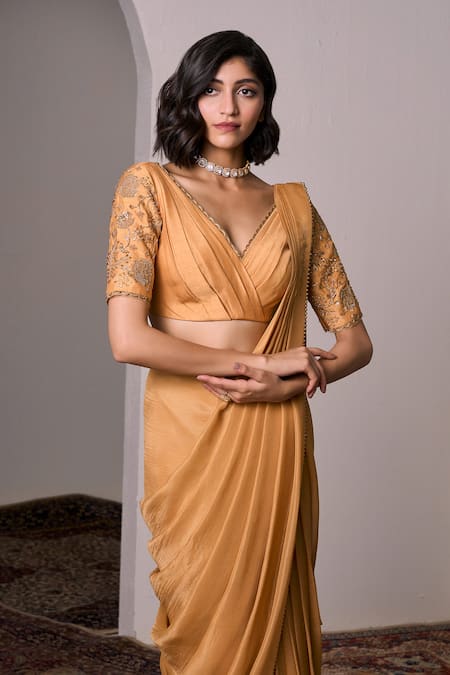 Parshya_Yellow Silk, Tissue Alphonso Border Embellished Pre-draped Saree With Blouse _Online_at_Aza_Fashions