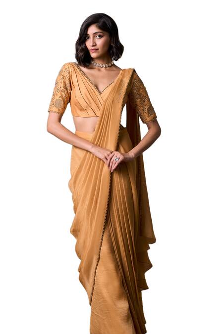 Buy_Parshya_Yellow Silk, Tissue Alphonso Border Embellished Pre-draped Saree With Blouse _Online_at_Aza_Fashions