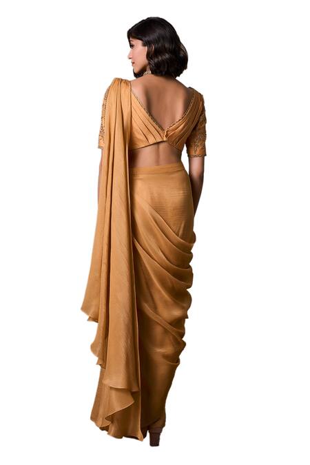 Shop_Parshya_Yellow Silk, Tissue Alphonso Border Embellished Pre-draped Saree With Blouse _Online_at_Aza_Fashions