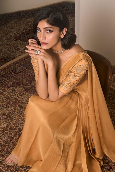 Parshya_Yellow Silk, Tissue Alphonso Border Embellished Pre-draped Saree With Blouse _at_Aza_Fashions