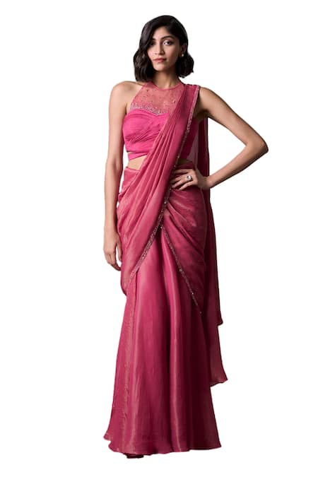 Parshya_Pink Silk, Tissue Embroidery Border Embellished Pre-draped Saree With Blouse _Online_at_Aza_Fashions