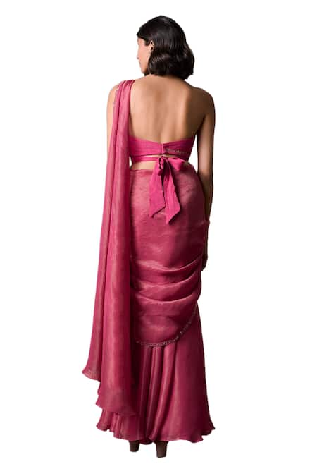 Shop_Parshya_Pink Silk, Tissue Embroidery Border Embellished Pre-draped Saree With Blouse _Online_at_Aza_Fashions