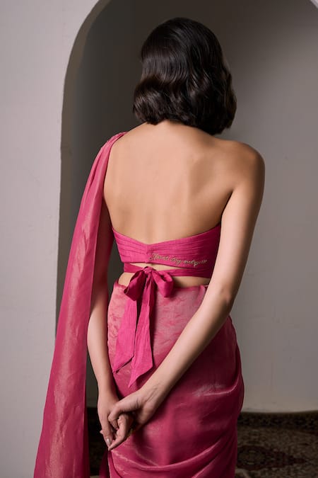 Parshya_Pink Silk, Tissue Embroidery Border Embellished Pre-draped Saree With Blouse _at_Aza_Fashions