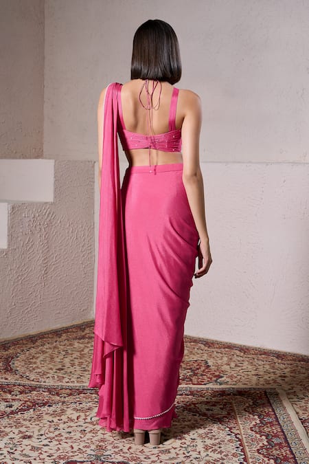 Shop_Parshya_Pink Crepe, Georgette, Linen Border Embellished Pre-draped Saree With Blouse _at_Aza_Fashions