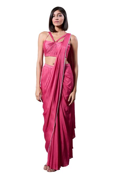 Buy_Parshya_Pink Crepe, Georgette, Linen Border Embellished Pre-draped Saree With Blouse _Online_at_Aza_Fashions