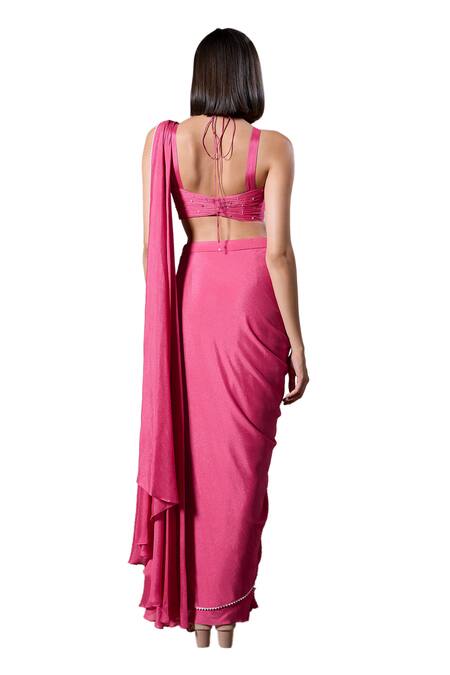 Shop_Parshya_Pink Crepe, Georgette, Linen Border Embellished Pre-draped Saree With Blouse _Online_at_Aza_Fashions