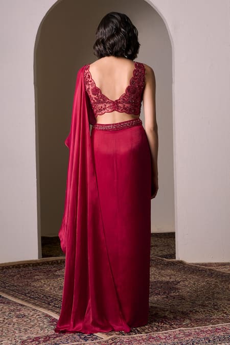 Parshya Berry Border Embellished Pre-Draped Saree With Blouse 