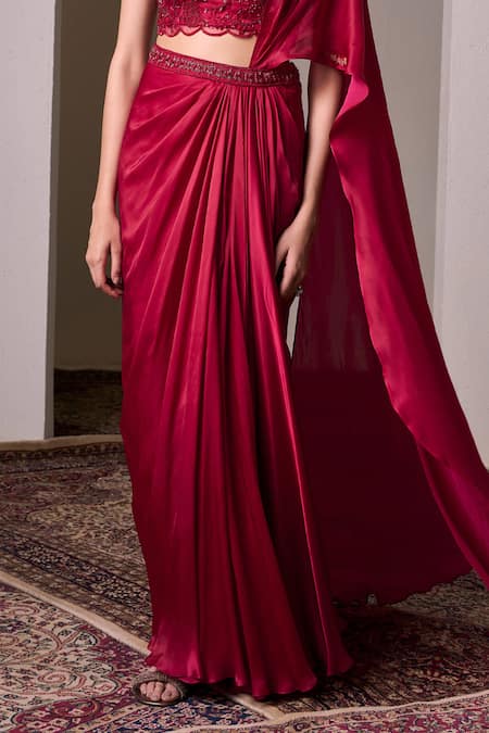 Parshya_Red Georgette, Satin, Berry Border Embellished Pre-draped Saree With Blouse _Online_at_Aza_Fashions