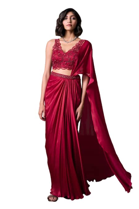Buy_Parshya_Red Georgette, Satin, Berry Border Embellished Pre-draped Saree With Blouse _Online_at_Aza_Fashions