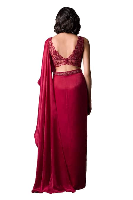 Parshya_Red Georgette, Satin, Berry Border Embellished Pre-draped Saree With Blouse _at_Aza_Fashions