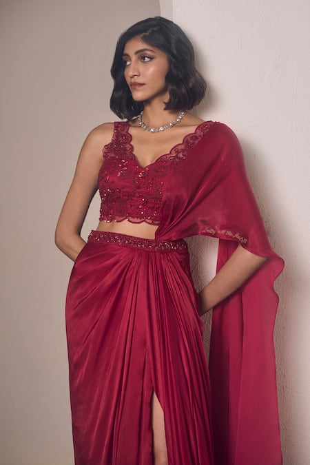 Buy_Parshya_Red Georgette, Satin, Berry Border Embellished Pre-draped Saree With Blouse 