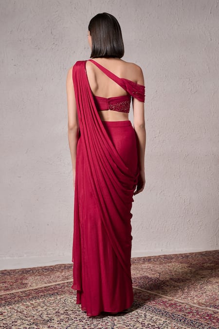 Shop_Parshya_Red Crepe, Berry Roman Border Embellished Pre-draped Saree With Blouse _at_Aza_Fashions