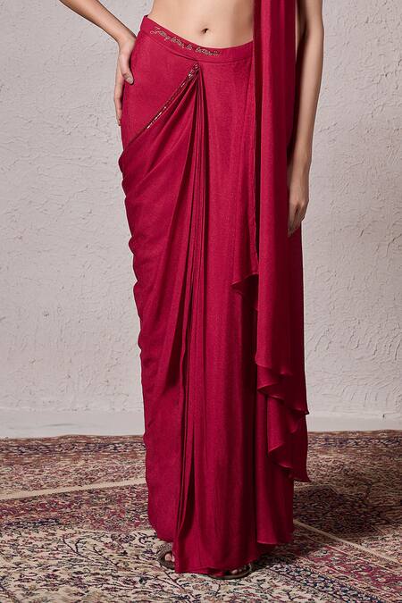 Parshya_Red Crepe, Berry Roman Border Embellished Pre-draped Saree With Blouse _Online_at_Aza_Fashions