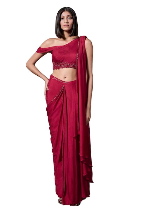 Buy_Parshya_Red Crepe, Berry Roman Border Embellished Pre-draped Saree With Blouse _Online_at_Aza_Fashions