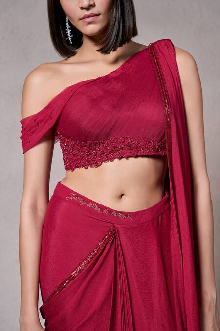 Shop_Parshya_Red Crepe, Berry Roman Border Embellished Pre-draped Saree With Blouse _Online_at_Aza_Fashions