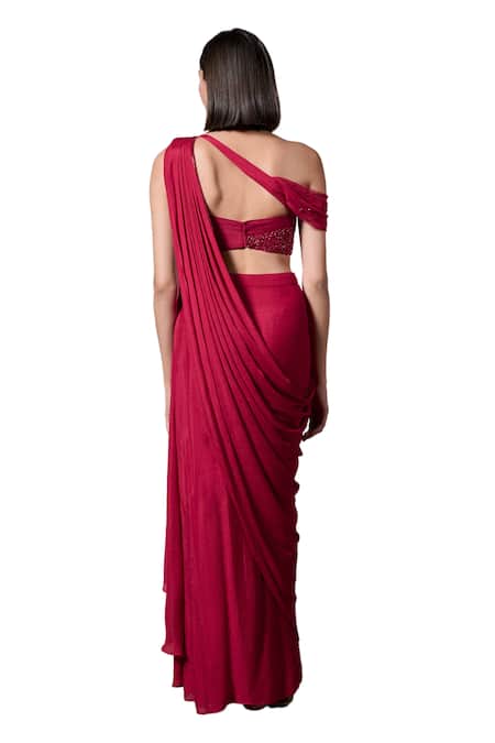Parshya_Red Crepe, Berry Roman Border Embellished Pre-draped Saree With Blouse _at_Aza_Fashions