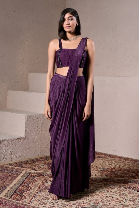 Parshya Cadbury Pre-Draped Saree With Embellished Blouse 