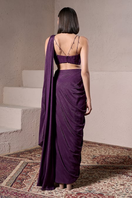 Shop_Parshya_Purple Silk, Satin Beads, Cut Cadbury Pre-draped Saree With Embellished Blouse _at_Aza_Fashions
