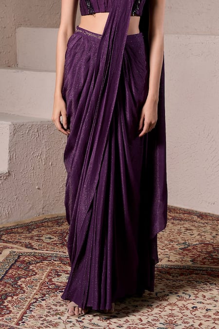 Parshya_Purple Silk, Satin Beads, Cut Cadbury Pre-draped Saree With Embellished Blouse _Online_at_Aza_Fashions