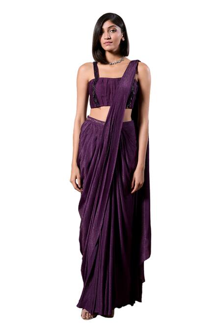 Buy_Parshya_Purple Silk, Satin Beads, Cut Cadbury Pre-draped Saree With Embellished Blouse _Online_at_Aza_Fashions