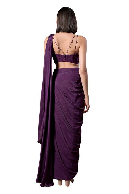 Shop_Parshya_Purple Silk, Satin Beads, Cut Cadbury Pre-draped Saree With Embellished Blouse _Online_at_Aza_Fashions