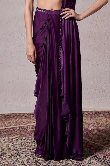 Parshya_Purple Georgette, Cadbury Roman Border Embellished Pre-draped Saree With Blouse _Online_at_Aza_Fashions