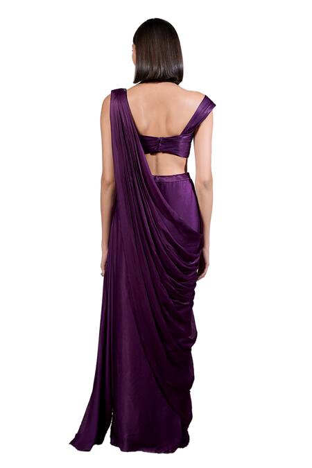 Shop_Parshya_Purple Georgette, Cadbury Roman Border Embellished Pre-draped Saree With Blouse _Online_at_Aza_Fashions