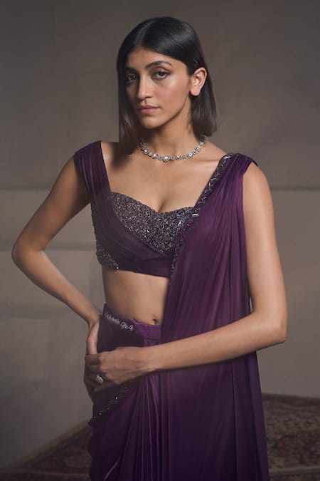 Parshya_Purple Georgette, Cadbury Roman Border Embellished Pre-draped Saree With Blouse _at_Aza_Fashions