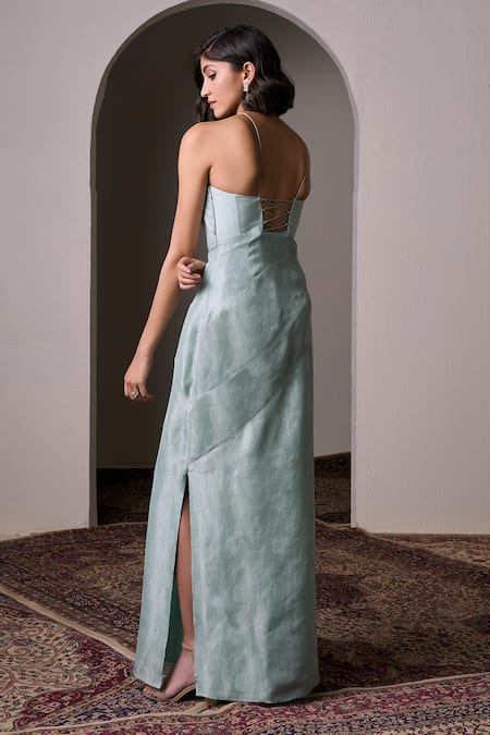 Shop_Parshya_Green Jacquard Embroidery Halter Neck Sheath Floral Pattern Gown _at_Aza_Fashions