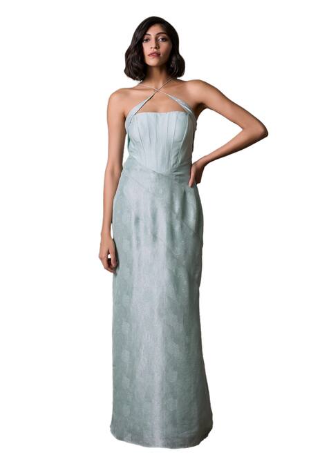 Parshya_Green Jacquard Embroidery Halter Neck Sheath Floral Pattern Gown _Online_at_Aza_Fashions