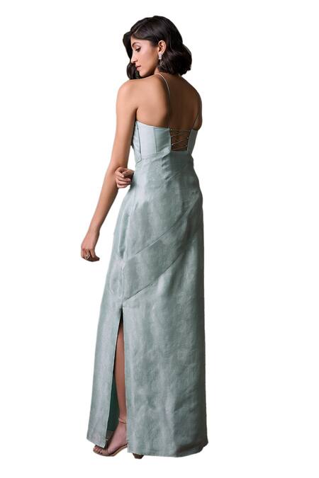Shop_Parshya_Green Jacquard Embroidery Halter Neck Sheath Floral Pattern Gown _Online_at_Aza_Fashions