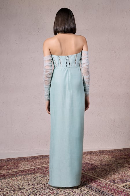 Shop_Parshya_Green Silk, Satin, Linen Pearls Sweetheart Neck Hand Embellished Gown _at_Aza_Fashions