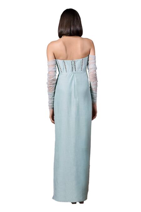 Parshya_Green Silk, Satin, Linen Pearls Sweetheart Neck Hand Embellished Gown _at_Aza_Fashions