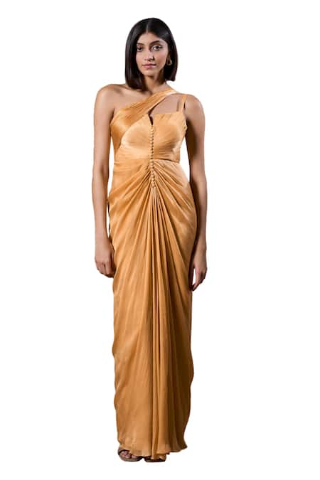 Buy_Parshya_Yellow Georgette, Satin, Linen One Shoulder Alphonso Solid Gown _Online_at_Aza_Fashions
