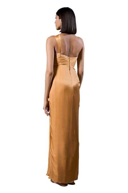 Shop_Parshya_Yellow Georgette, Satin, Linen One Shoulder Alphonso Solid Gown _Online_at_Aza_Fashions