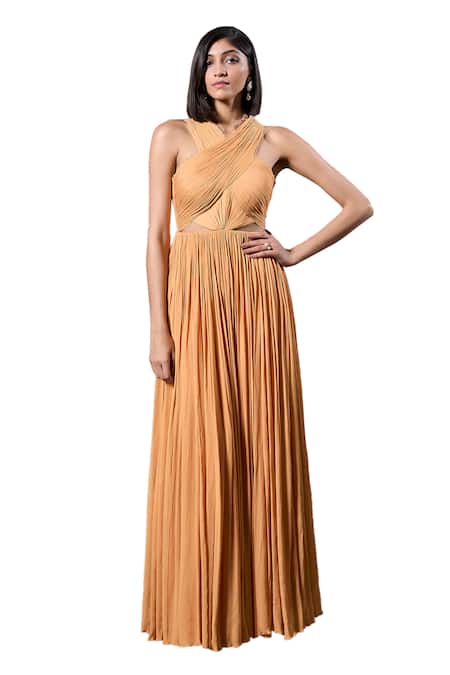 Parshya_Yellow Chiffon, Linen Pearls Halter Neck Alphonso Draped Gown _Online_at_Aza_Fashions
