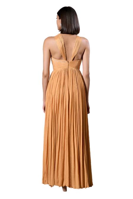 Parshya_Yellow Chiffon, Linen Pearls Halter Neck Alphonso Draped Gown _at_Aza_Fashions