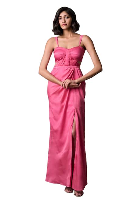Parshya_Pink Georgette, Satin Sweetheart Neck Solid Mermaid Gown _Online_at_Aza_Fashions