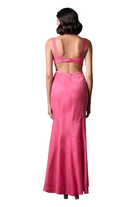 Shop_Parshya_Pink Georgette, Satin Sweetheart Neck Solid Mermaid Gown _Online_at_Aza_Fashions