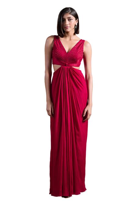 Parshya Red Crepe, Georgette Beads V-neck Berry Chic Yoke Hand Embellished Gown Online at Aza Fashions Parshya_Red Crepe, Georgette Beads V-neck Berry Chic Yoke Hand Embellished Gown _Online_at_Aza_Fashions