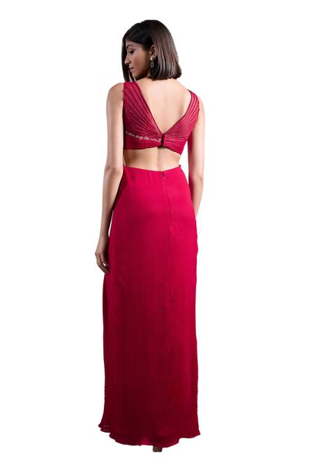Buy Parshya Red Crepe, Georgette Beads V-neck Berry Chic Yoke Hand Embellished Gown Online at Aza Fashions Buy_Parshya_Red Crepe, Georgette Beads V-neck Berry Chic Yoke Hand Embellished Gown _Online_at_Aza_Fashions